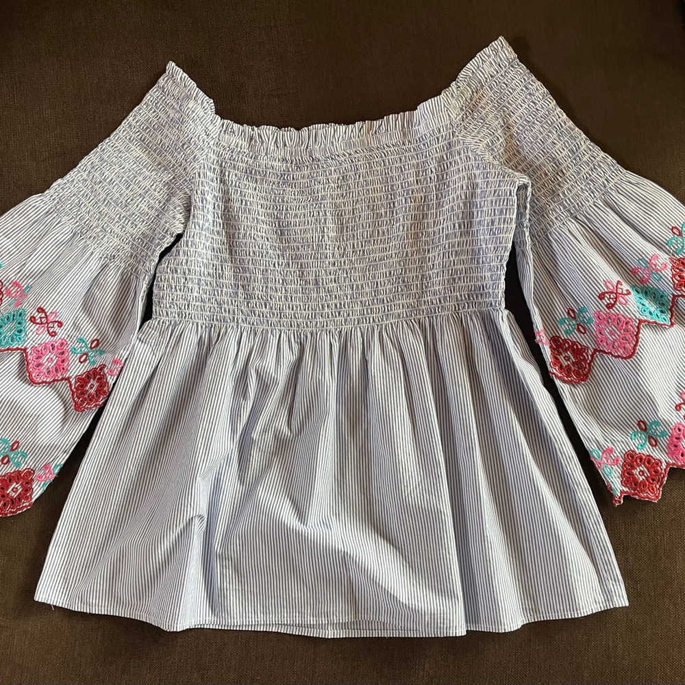 LOFT Blue and White Embroidered Flowery Top